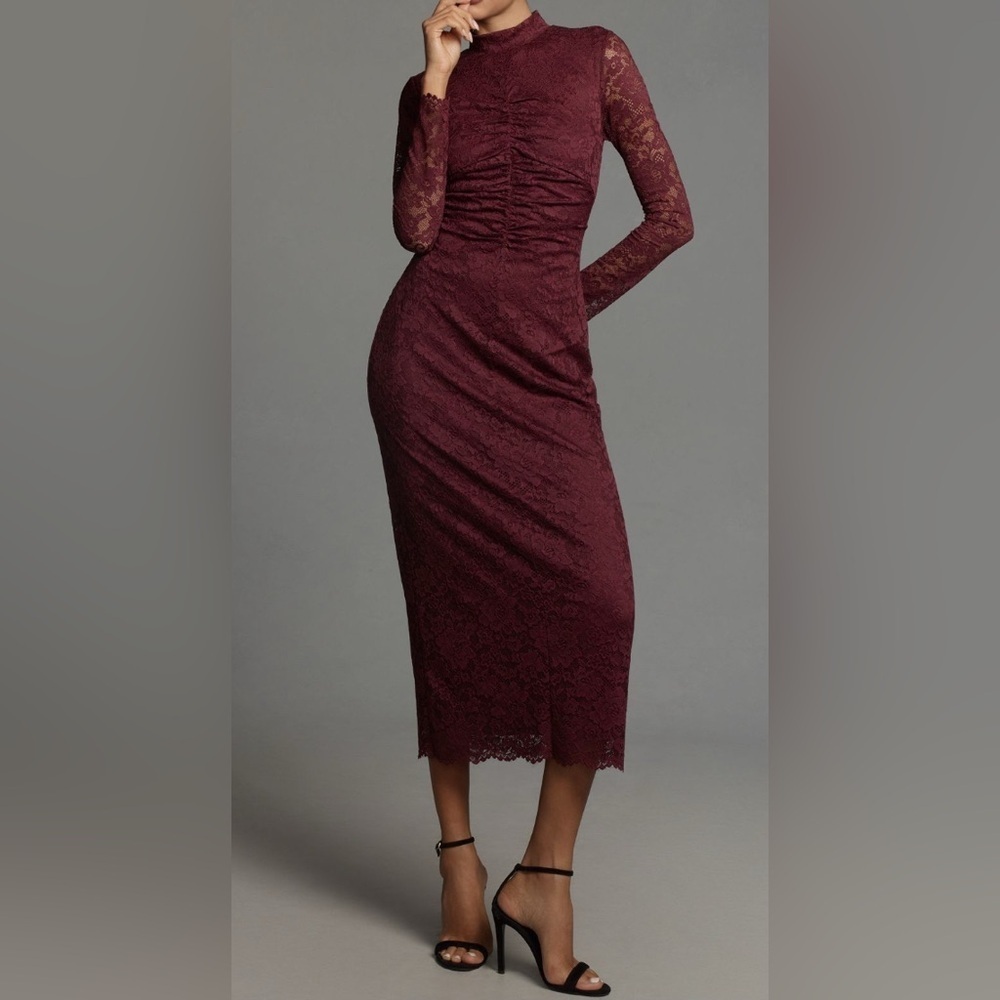 Anthropologie Burgundy Lace Mock Neck Ruched Midi Dress Long Sleeve Size L